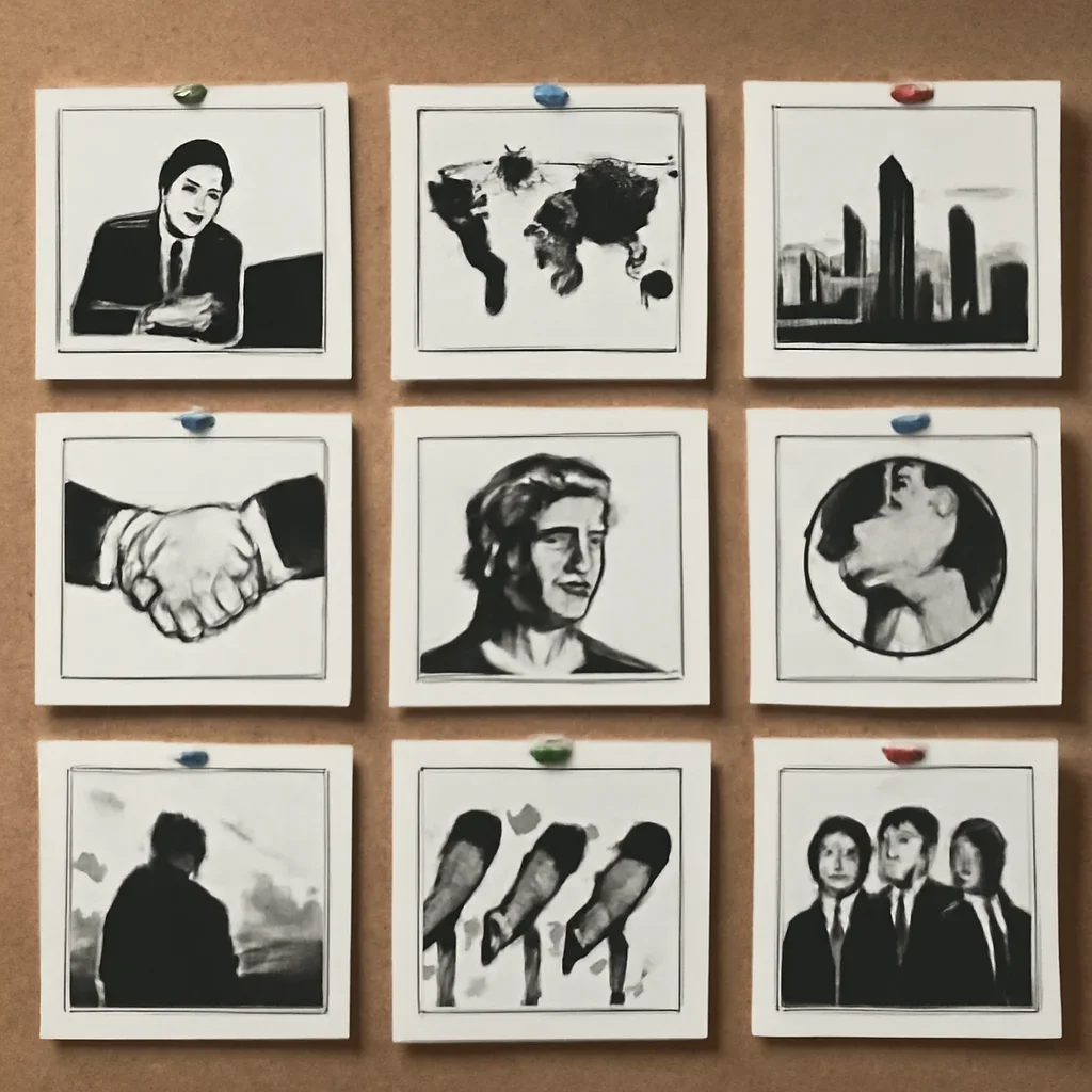 Pinned printouts showing business, world and culture story ideas on an editorial wall