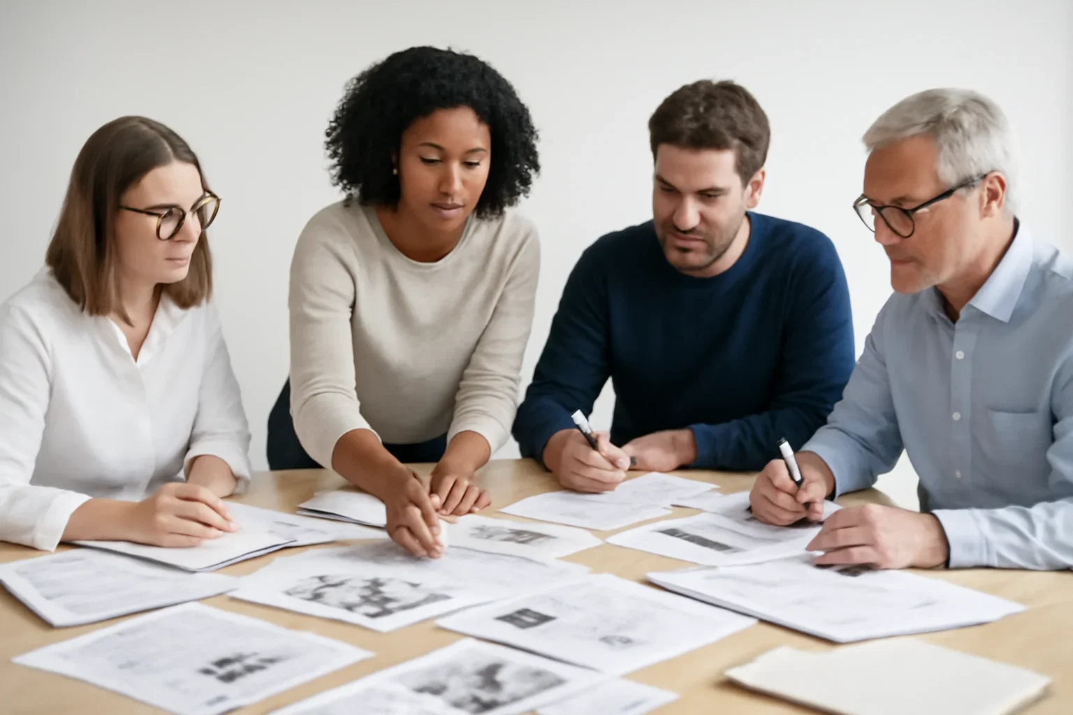 Editors meeting around a table covered with story budgets, notebooks and marked-up proofs