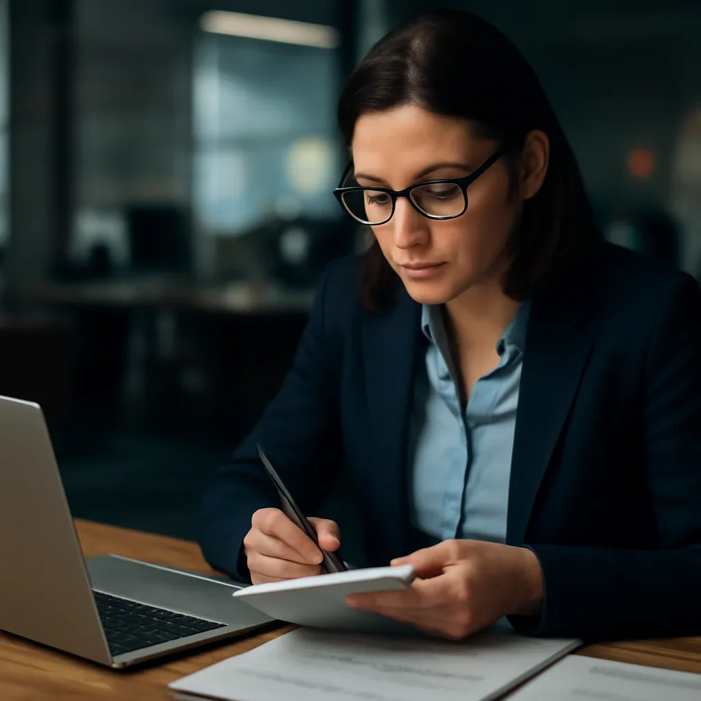 Reporter checking sources and interview notes at a quiet desk