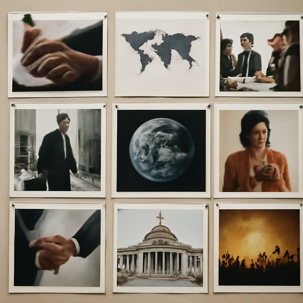 Pinned printouts showing business, world and culture story ideas on an editorial wall