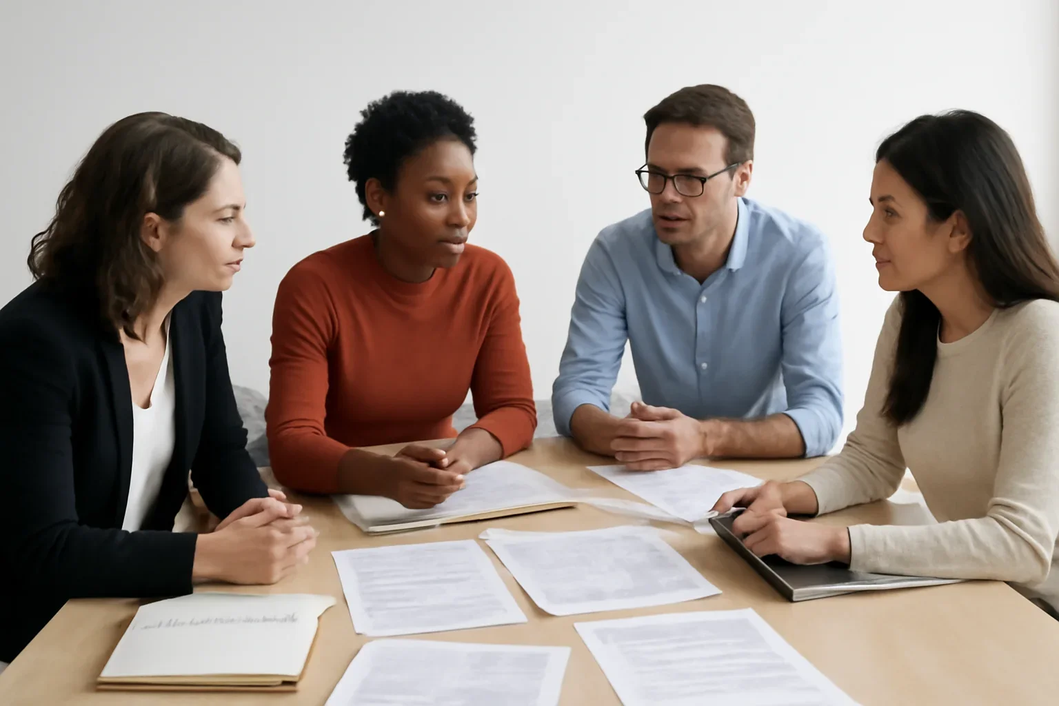 Editors meeting around a table covered with story budgets, notebooks and marked-up proofs