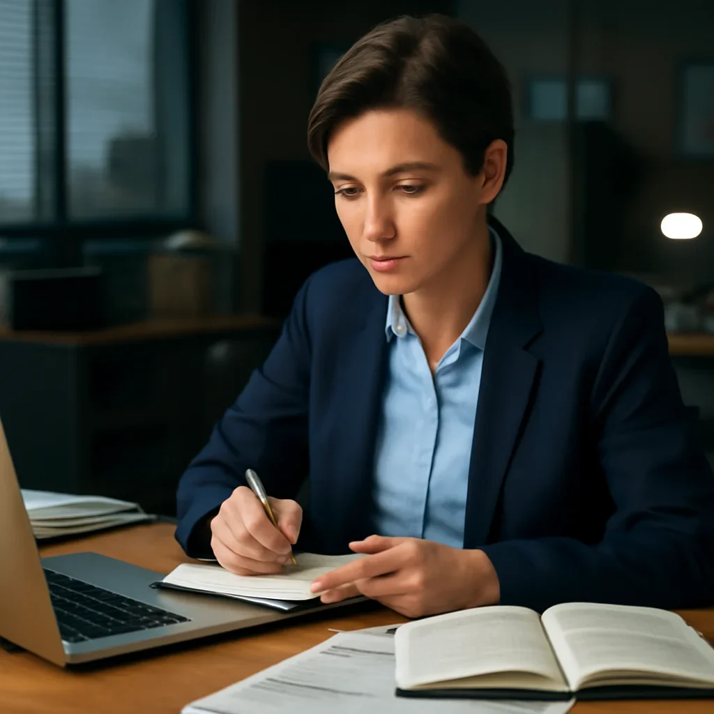 Reporter checking sources and interview notes at a quiet desk