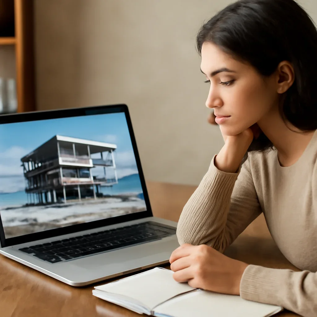 Reader engaging with the article all about the architecture of tsunami-resistant buildings on a laptop and notebook