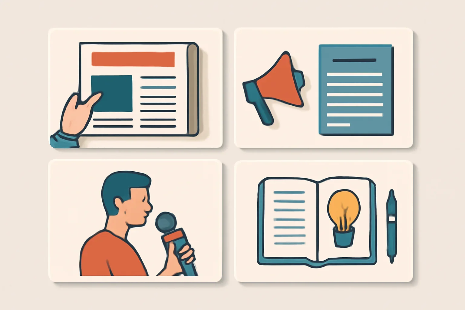 Editorial blog index with article cards on journalism, press releases and storytelling