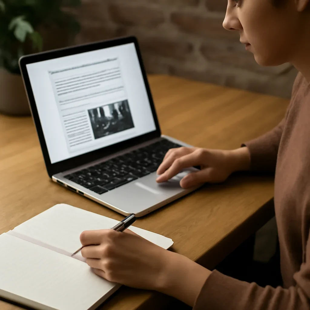 Reader engaging with the article how to pitch your startup story to a publication on a laptop and notebook