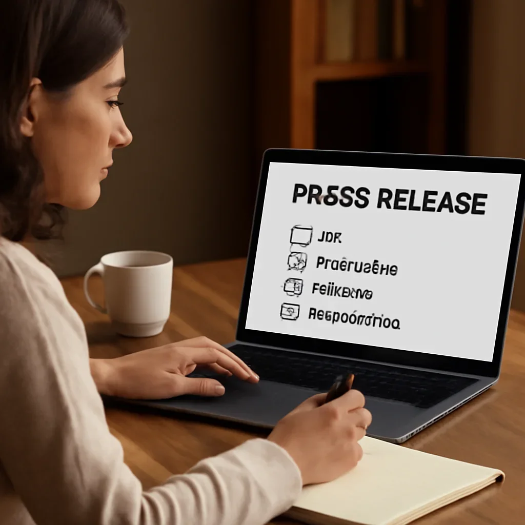 Reader engaging with the article press release seo checklist on a laptop and notebook