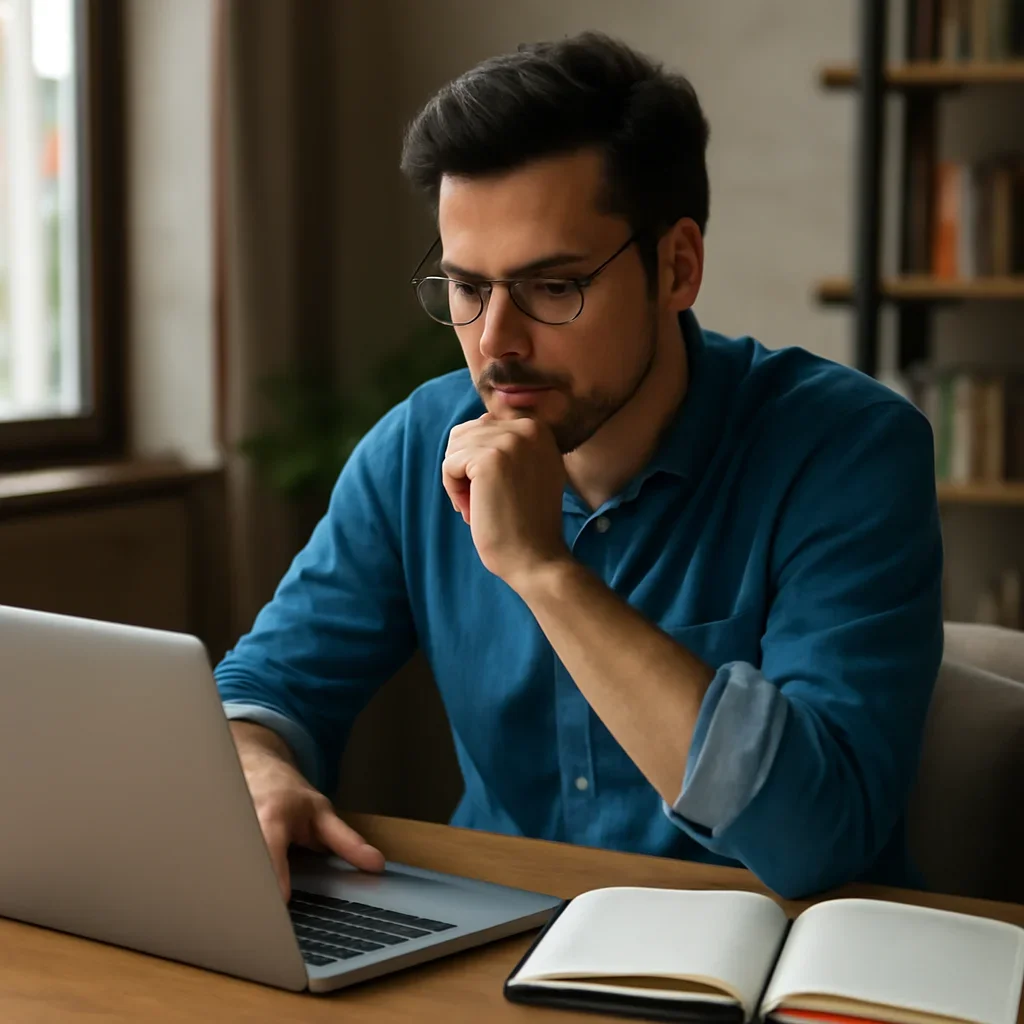 Reader engaging with the article startup story examples that earn coverage on a laptop and notebook