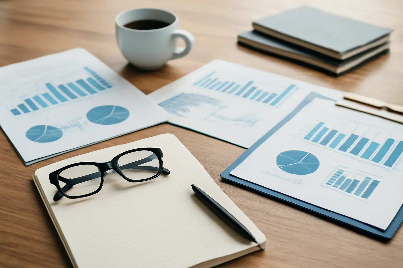 Editorial scene representing business coverage with desks, notes and visual reporting materials