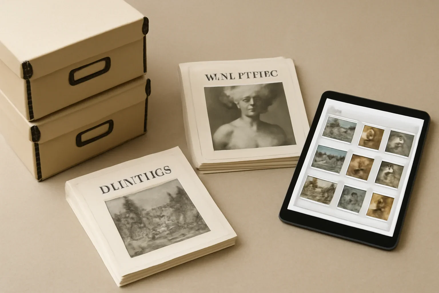 Archive boxes, printed category pages and digital story index for the art archives archive