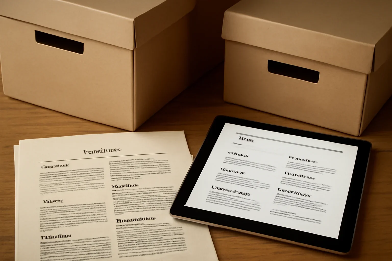 Archive boxes, printed category pages and digital story index for the business economy archives archive