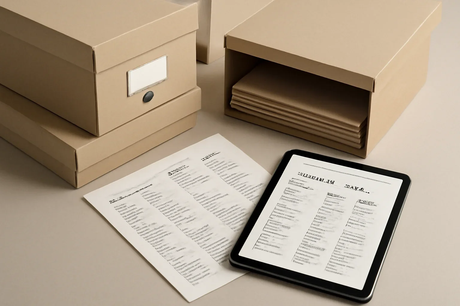 Archive boxes, printed category pages and digital story index for the business news archives archive