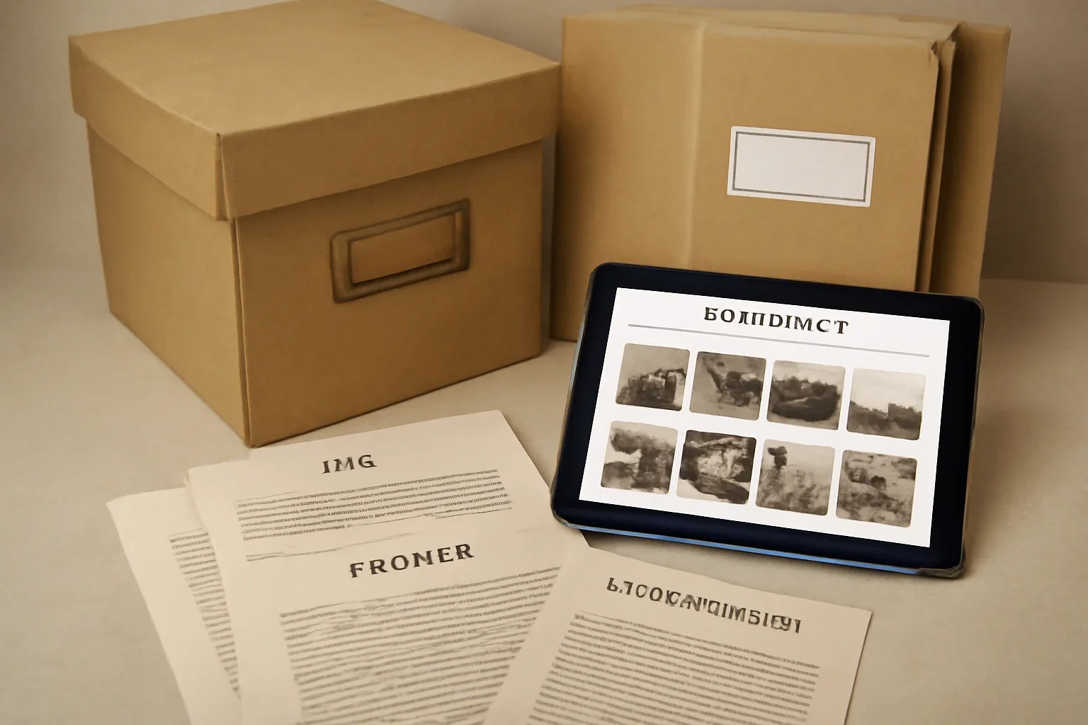 Archive boxes, printed category pages and digital story index for the canada archives archive