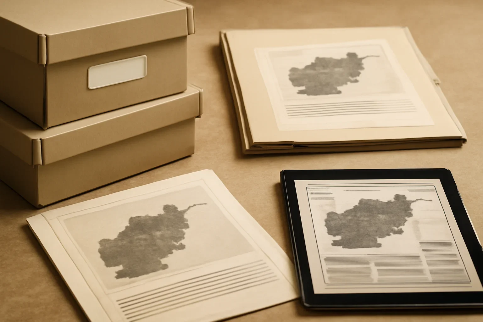 Archive boxes, printed category pages and digital story index for the country afghanistan archives archive