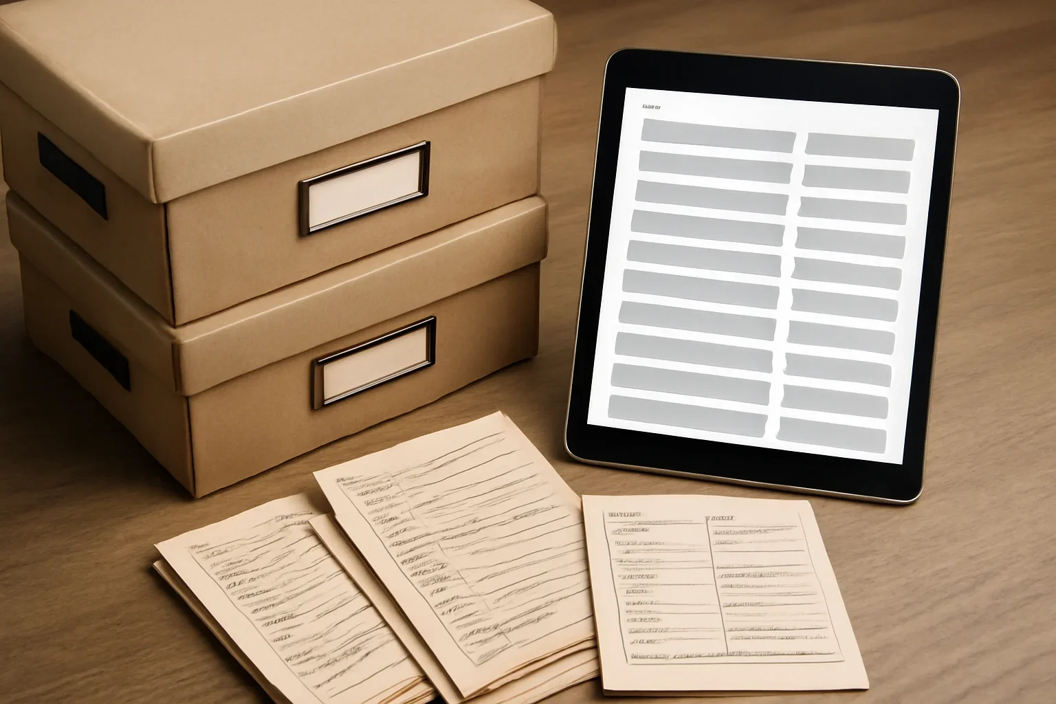 Archive boxes, printed category pages and digital story index for the guides archives archive