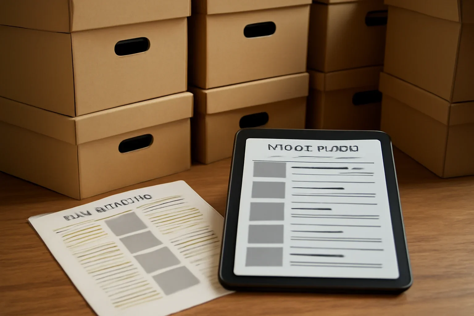 Archive boxes, printed category pages and digital story index for the projects archives archive