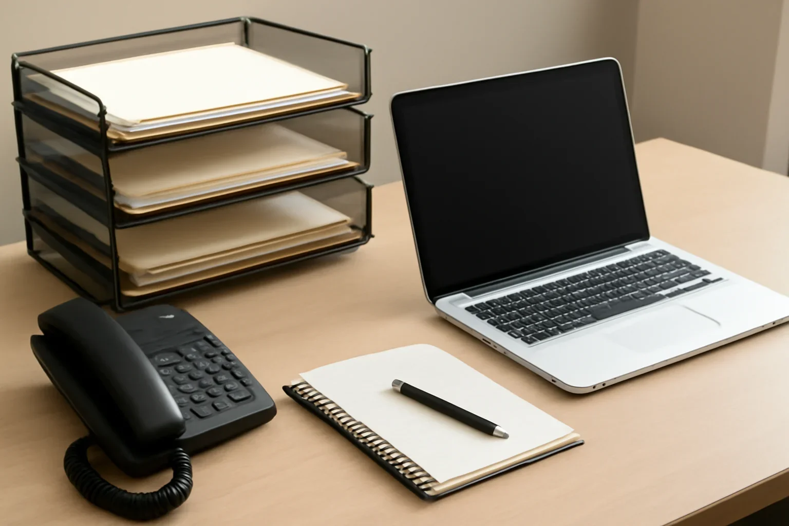 Editorial contact desk with laptop, phone, notebook and clearly labeled inbox folders