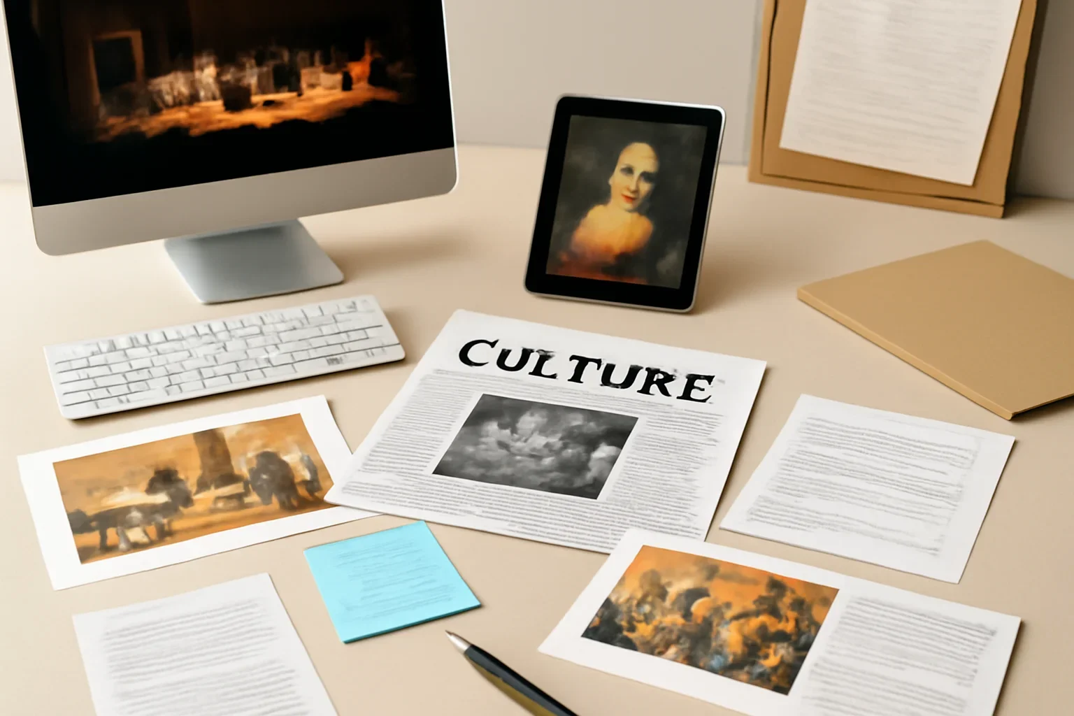 Editorial scene representing culture coverage with desks, notes and visual reporting materials