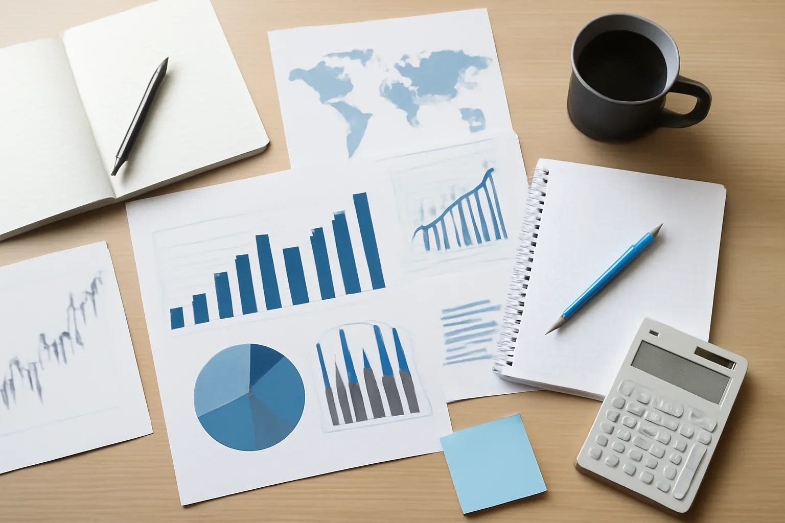 Editorial scene representing economy coverage with desks, notes and visual reporting materials
