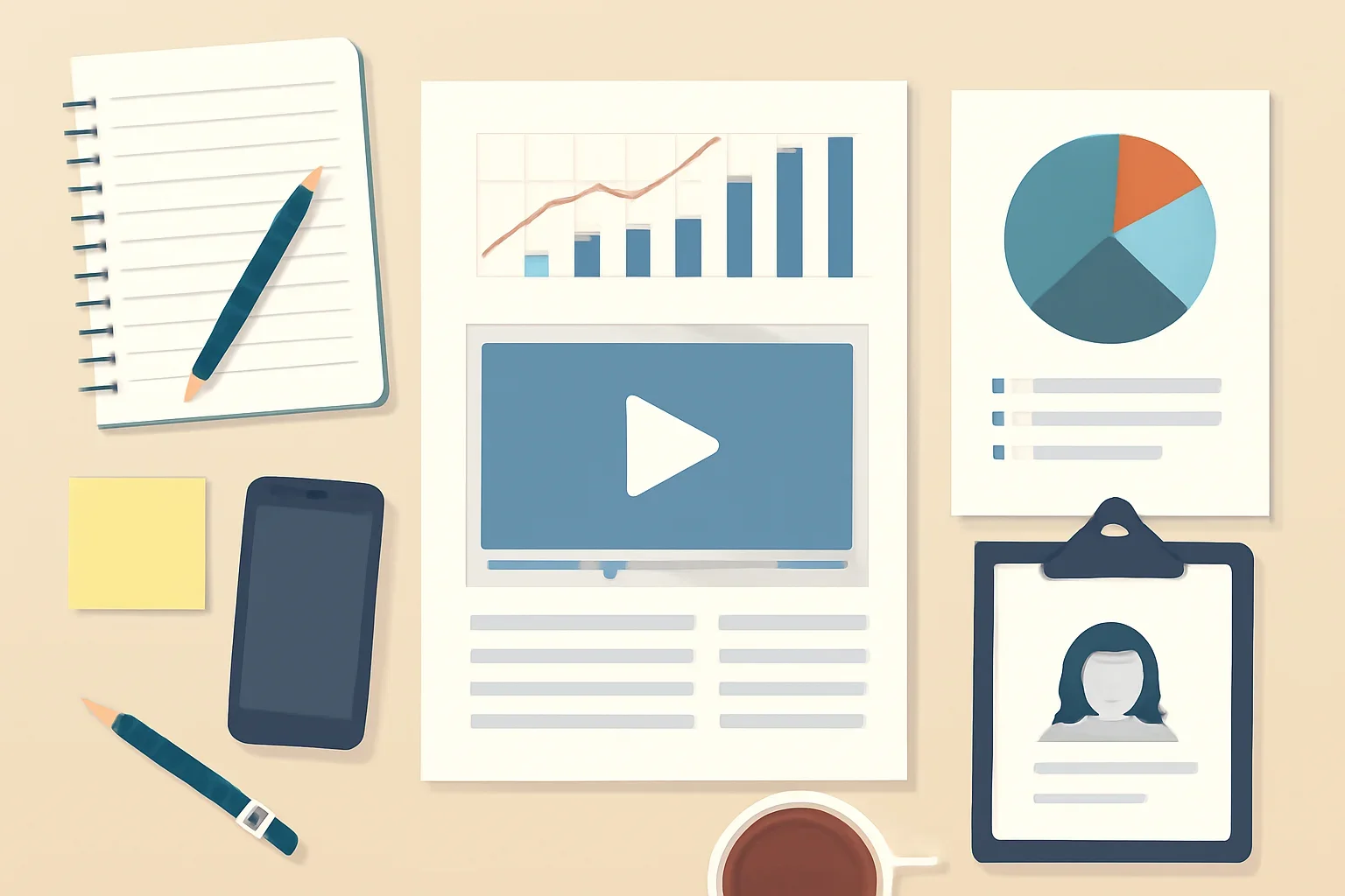 Editorial scene representing explainers coverage with desks, notes and visual reporting materials