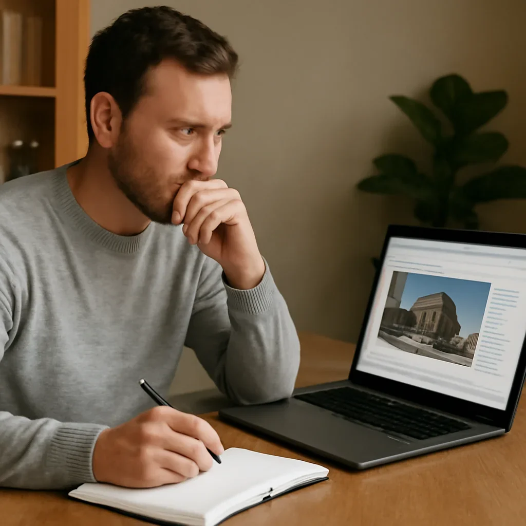 Reader engaging with the article faking it: is it ever ok to use imitative architectural materials? on a laptop and notebook