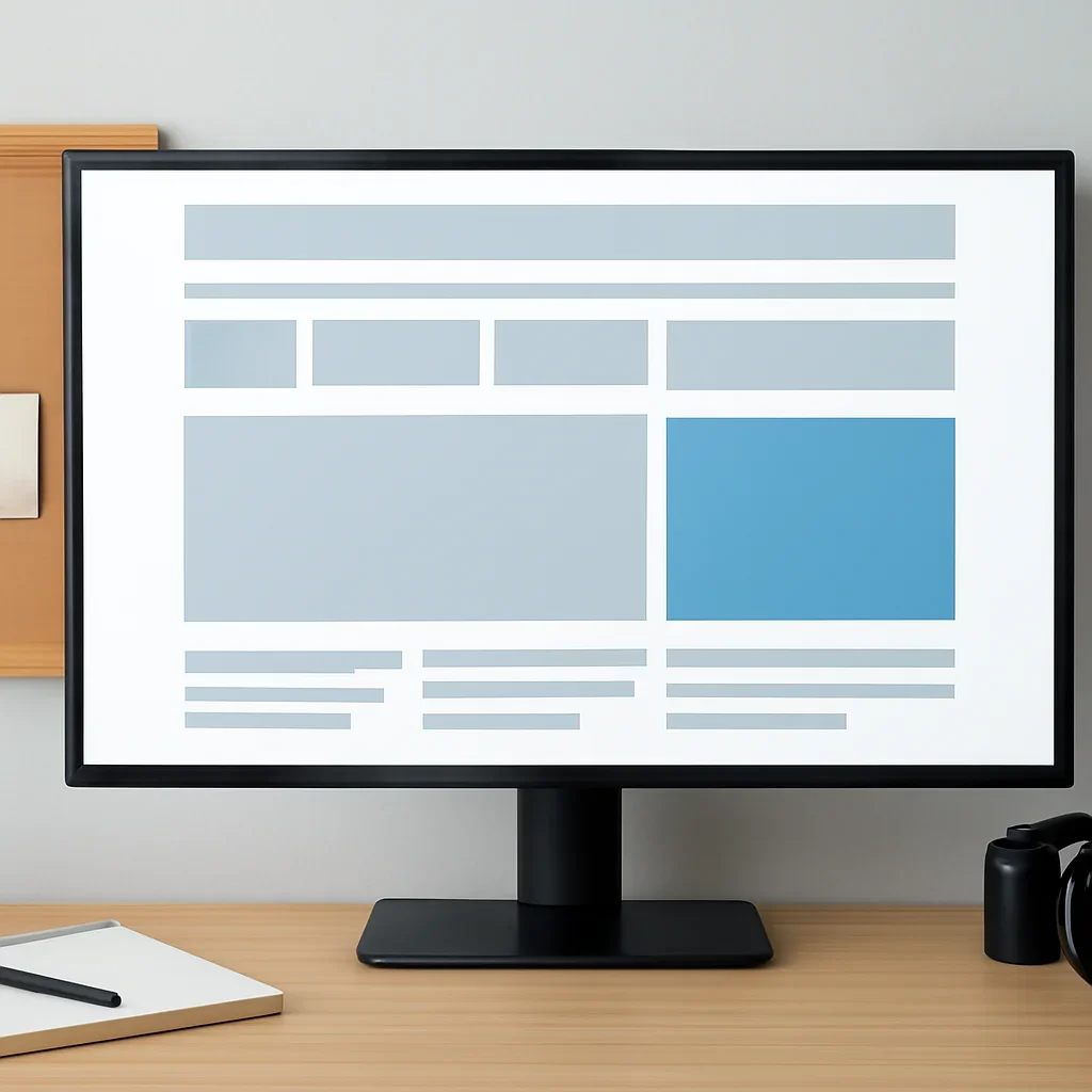 Topic hub layout displayed on a large monitor beside notes and a camera