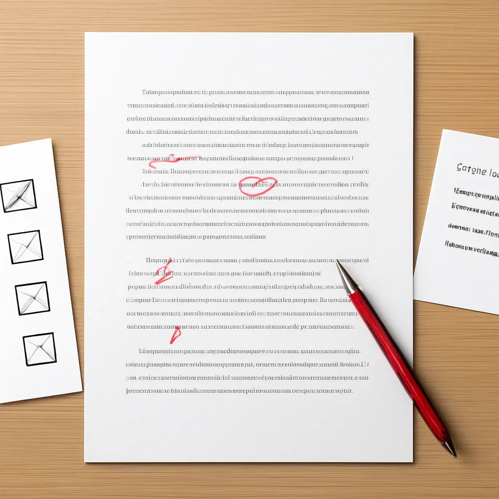 Marked submission draft beside source notes and disclosure checklist