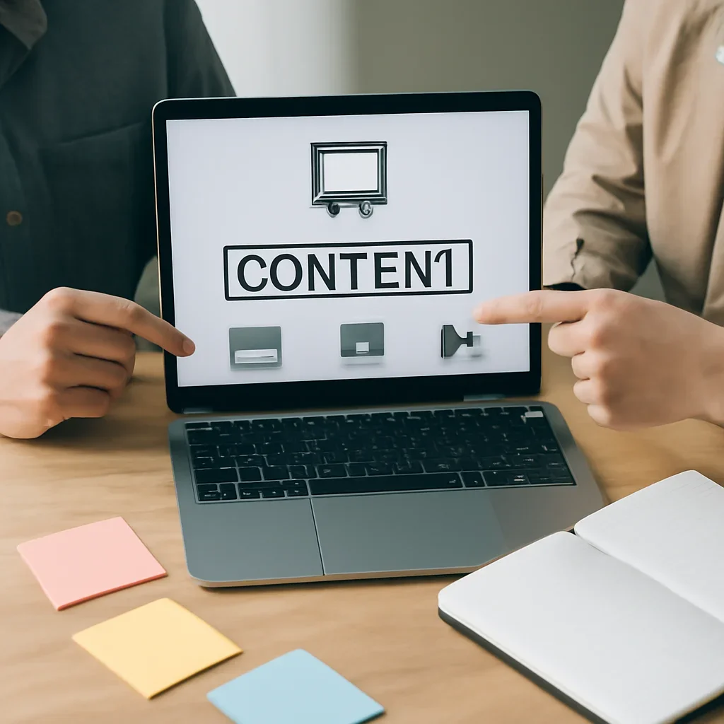 Partner reviewing content handoff options on a laptop beside notes