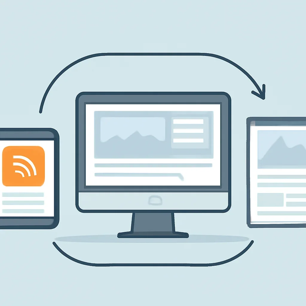 Diagram-like desk setup showing RSS, newsletter and topic pages linked together
