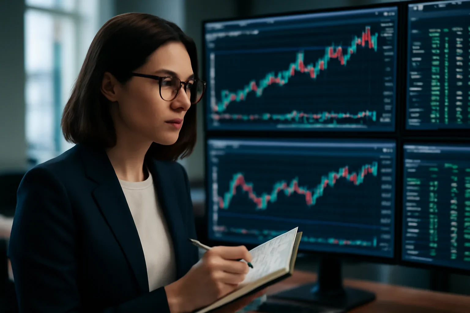 Reporter watching financial screens and interview notes while building a forward-looking business feature