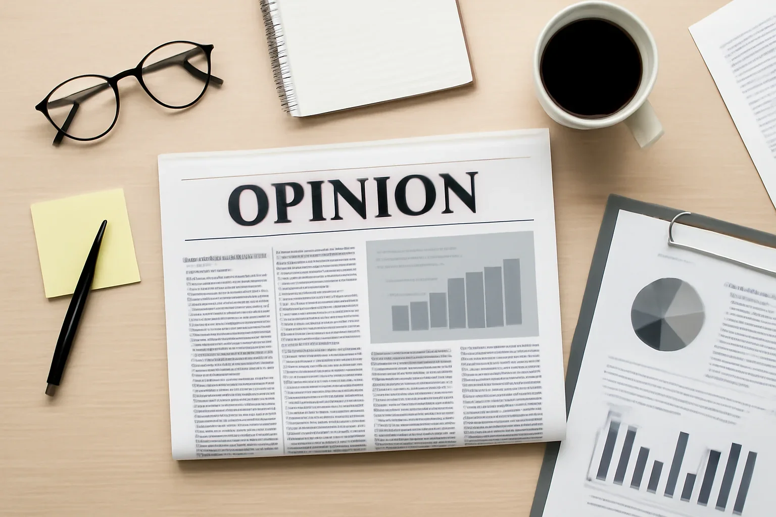 Editorial scene representing opinion coverage with desks, notes and visual reporting materials