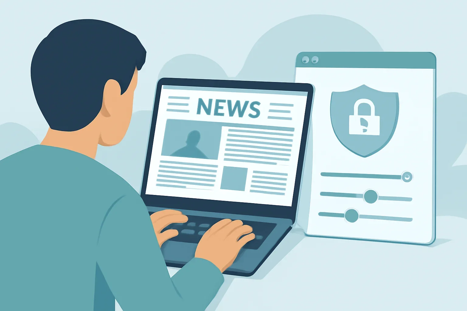 Reader using a news site on laptop with privacy settings panel open nearby