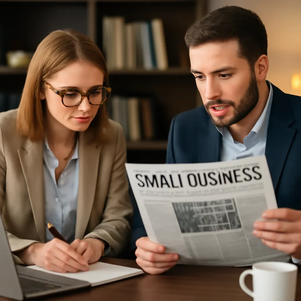 Reporter and editor shaping small business coverage for a topic page
