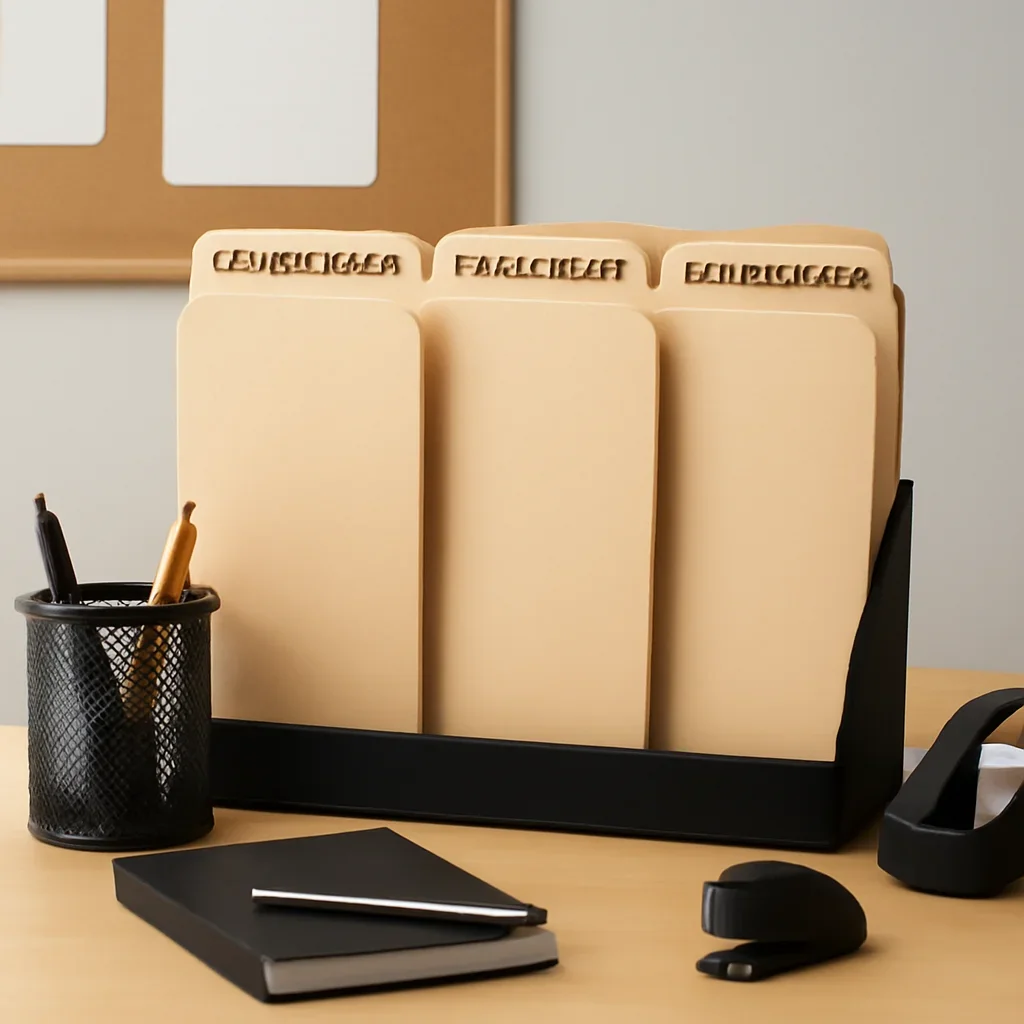 Newsroom support desk with labeled folders for corrections, newsletters and submissions
