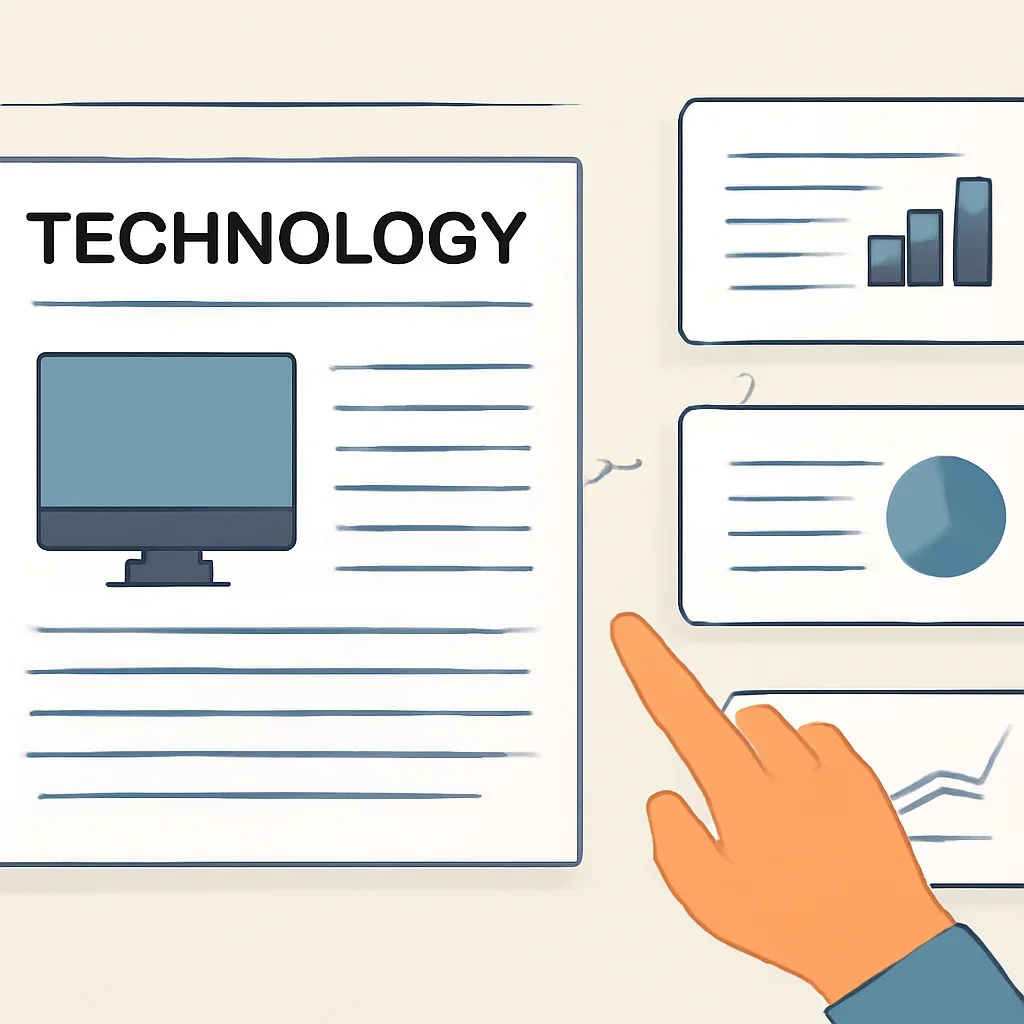 Reader moving from a technology headline into deeper analysis cards