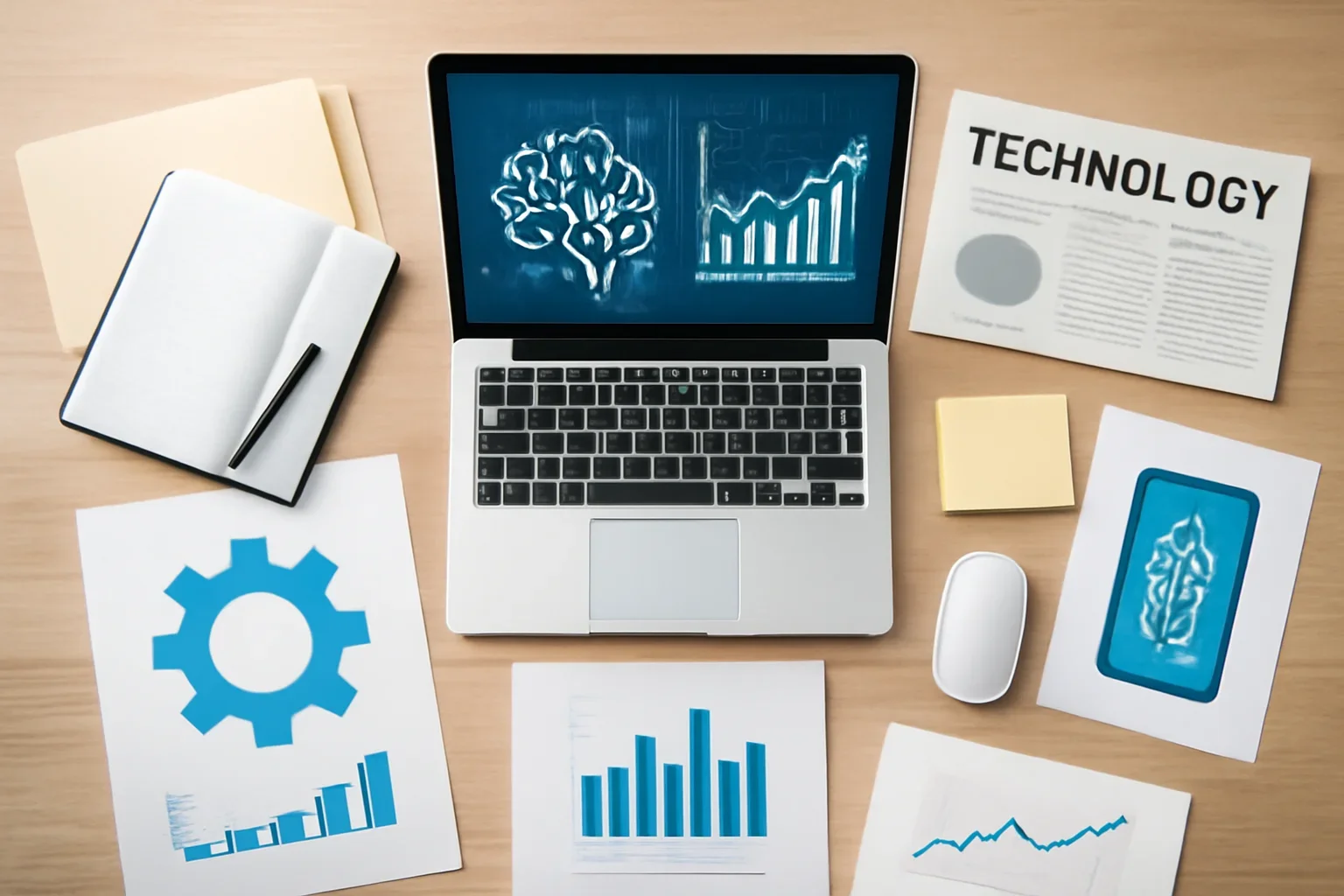 Editorial scene representing technology coverage with desks, notes and visual reporting materials