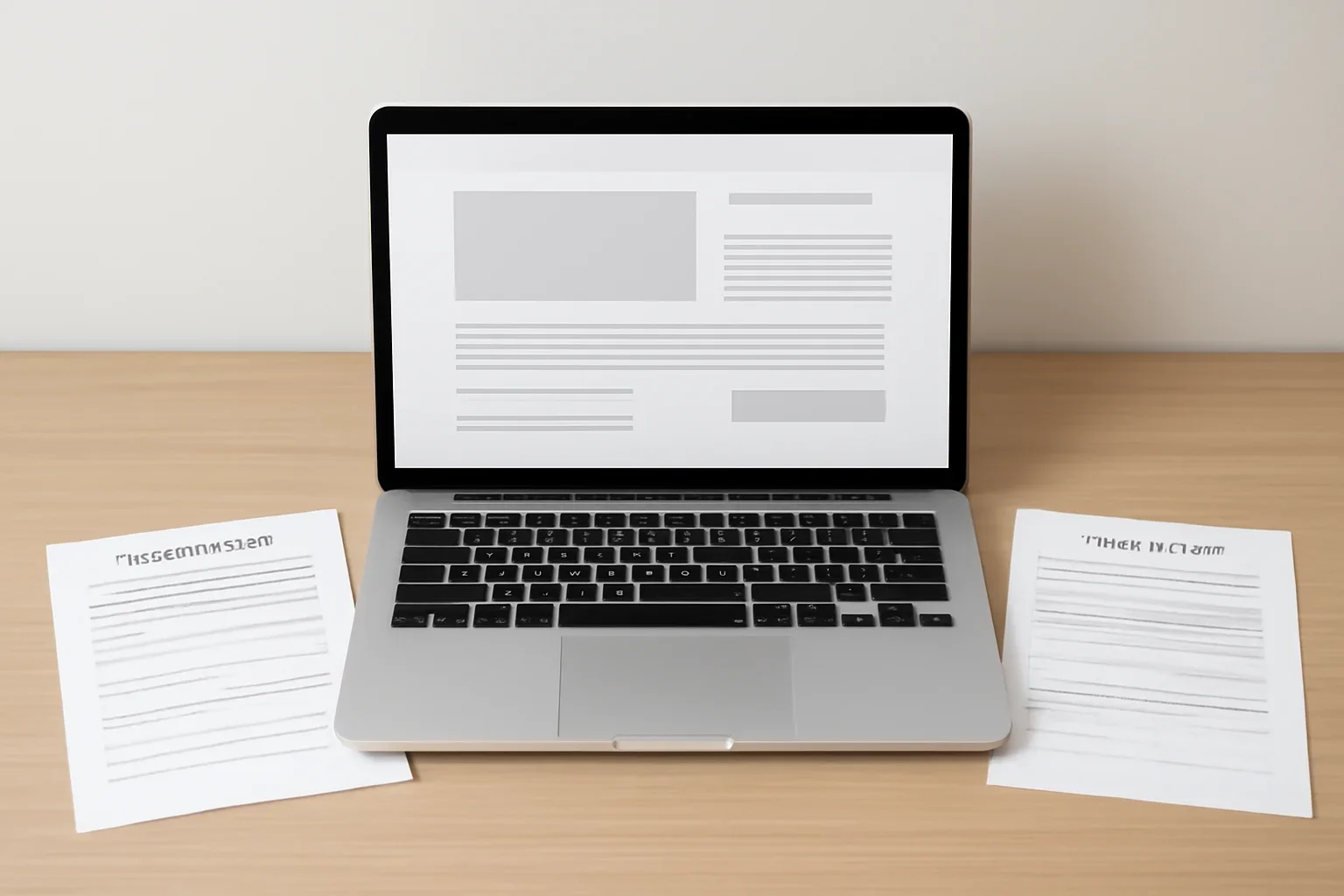 Laptop open to article page, submission form and terms document on a tidy desk